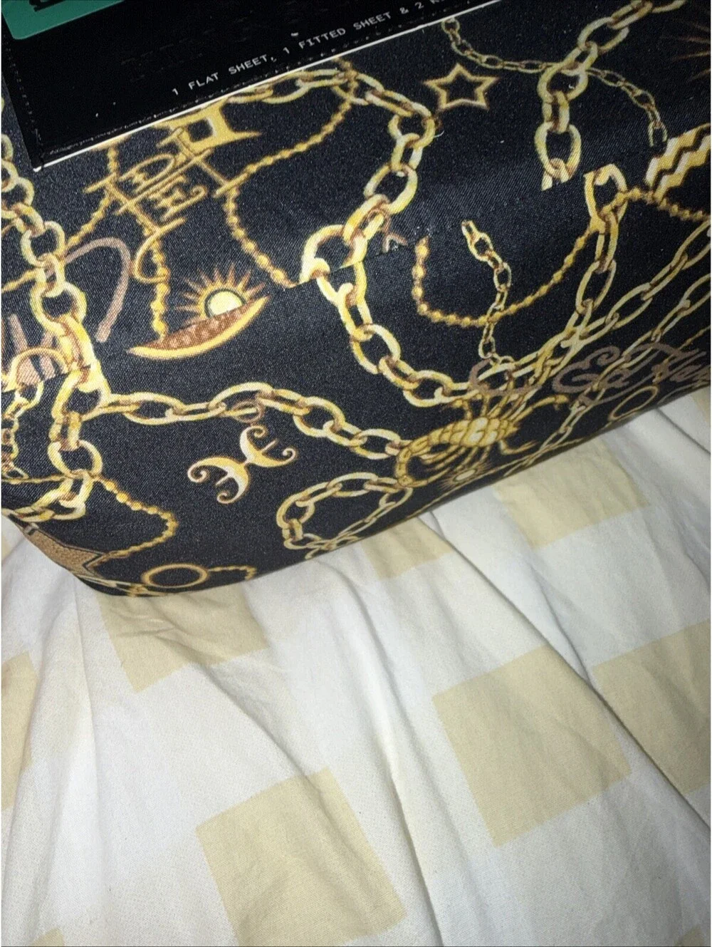 Ed Hardy Black KING Sheet Set Gold Charm Chains Evil Eye Celestial Lion Moon